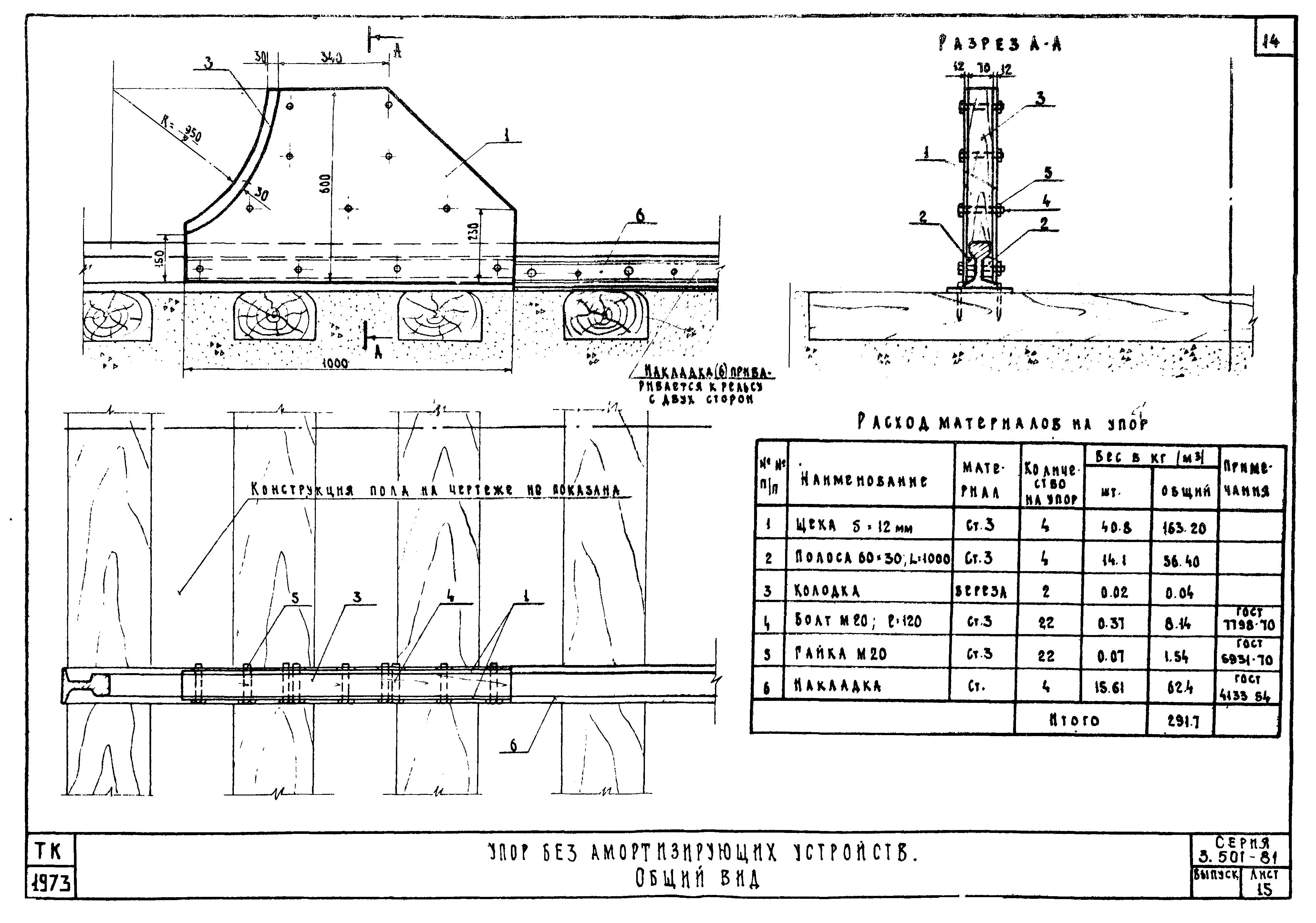 Серия 3.501-81 Конструкции внутрицеховых упоров на железнодорожных путях промышленных предприятий. Лист 15.