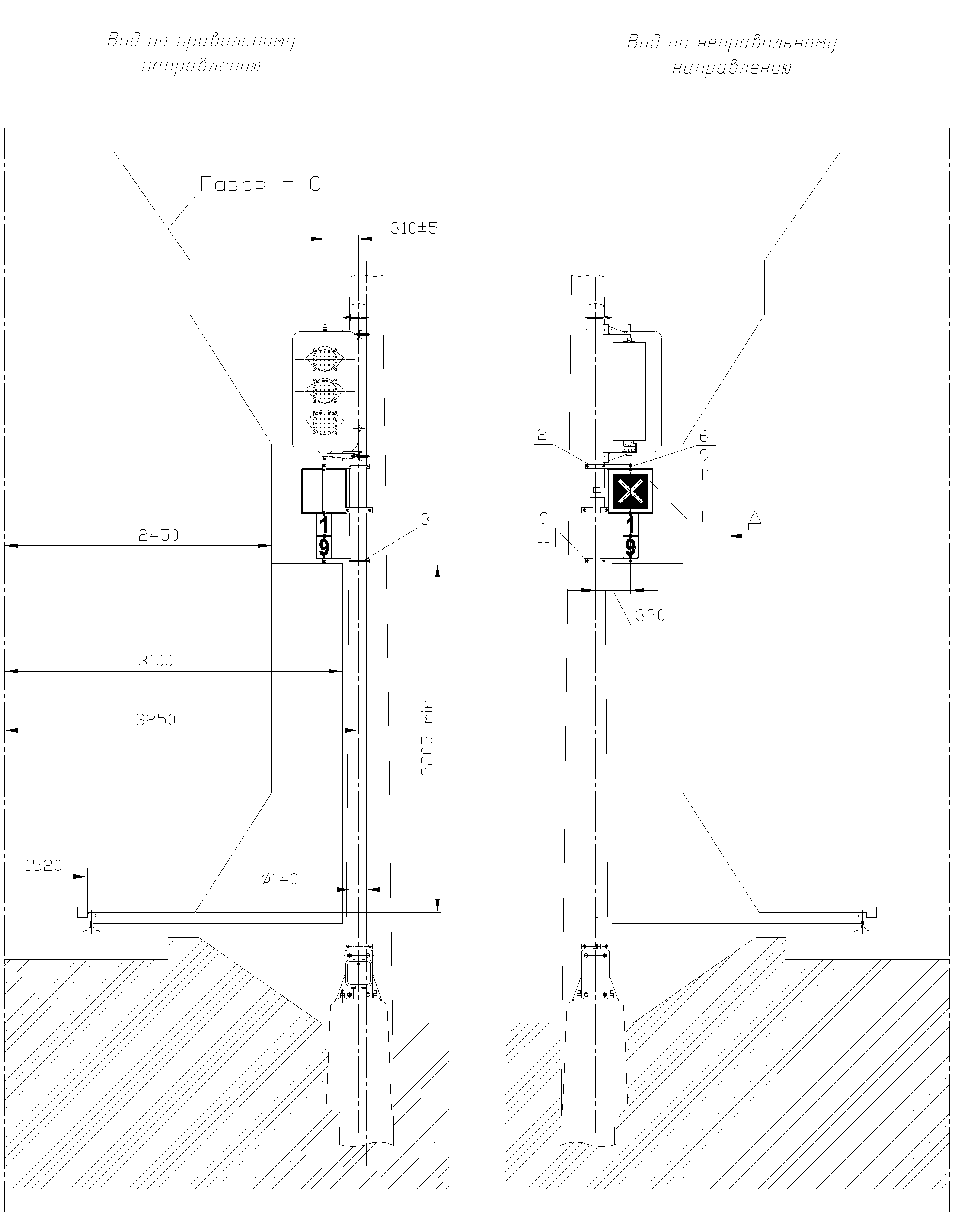 Рисунок 79. Вариант 1 крепления знака Перенос границы блок-участка на мачте светофора