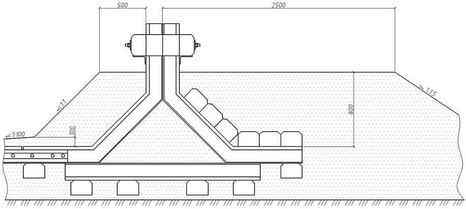 Чертёж 2 Балластная призма железнодорожного рельсового путевого тупикового упора Чертёж 2 Балластная призма железнодорожного рельсового путевого тупикового упора